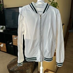 Zara Men’s White Bomber/varsity Jacket with Black and Green Accents